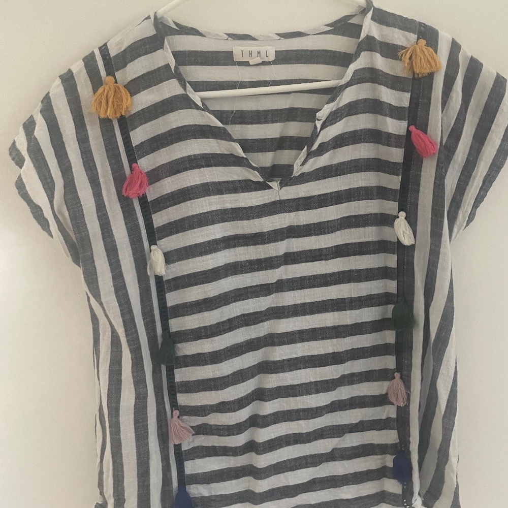 Light Grey & White Contrast Stripe Top with Multicolor Tassels